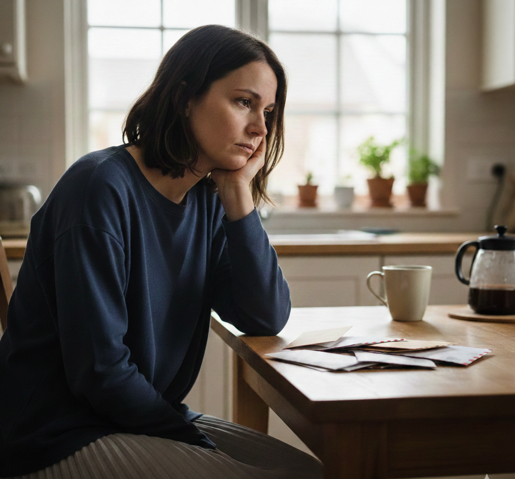 Woman at kitchen table with unopened mail